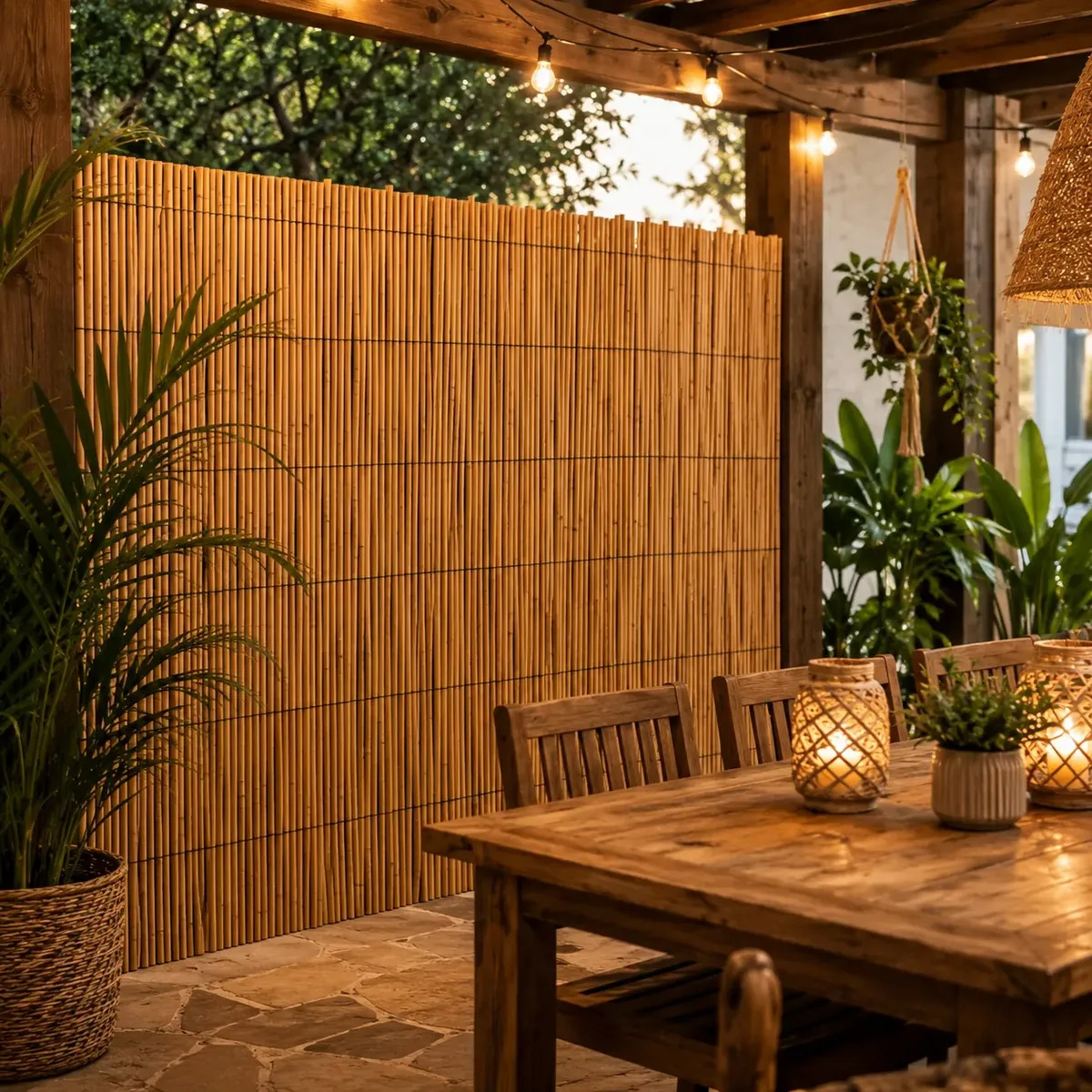 Esteira de bambu natural aplicada em área externa com mesa de madeira